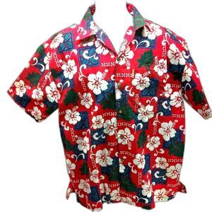 Sunset Breeze Hawaiian Casual Button Down Shirt Red Floral 100% Cotton Men's XL.